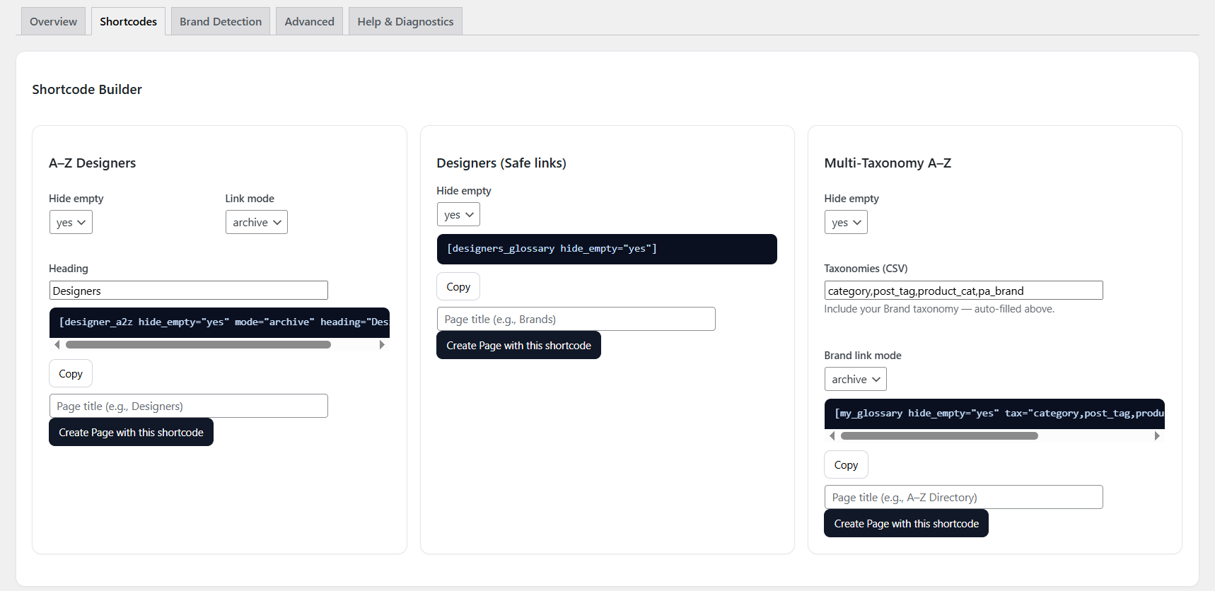 Admin — Brand Atlas Shortcodes tab