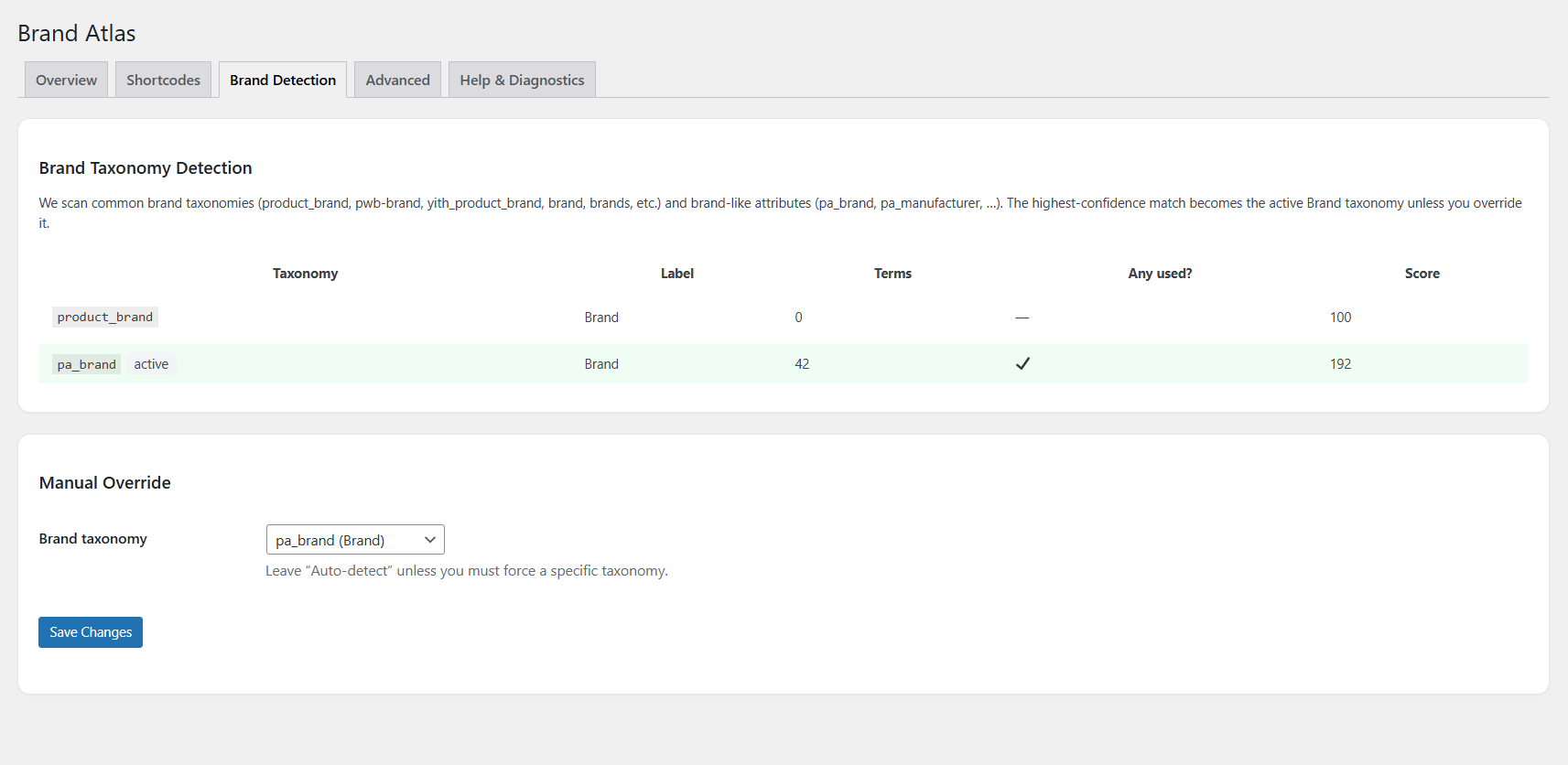 Admin — Brand Atlas Brand Detection tab