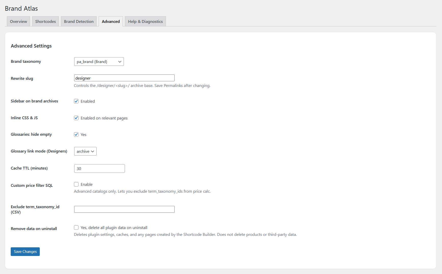 Admin — Brand Atlas Advanced tab