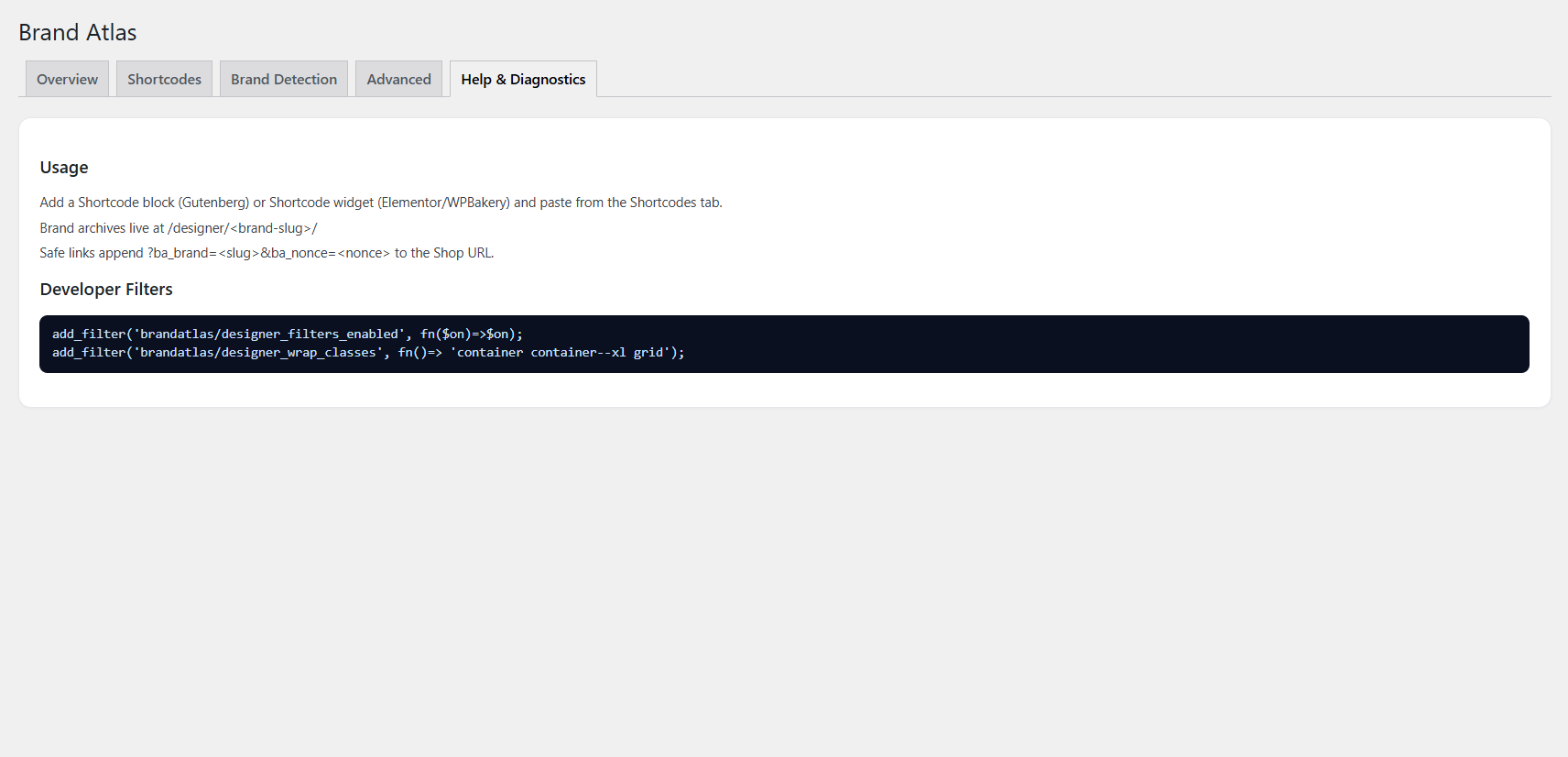 Admin — Brand Atlas Help & Diagnostics tab