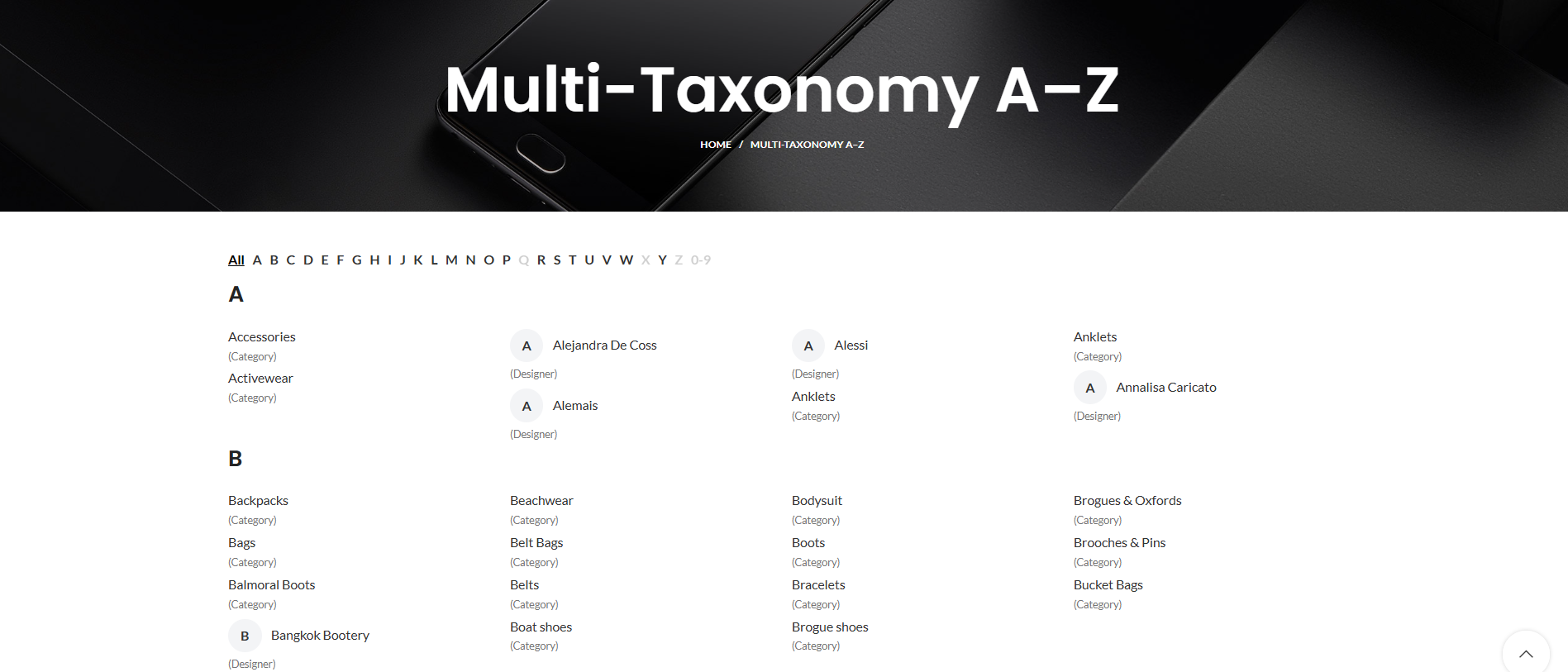 Frontend — Multi-Taxonomy A–Z demo